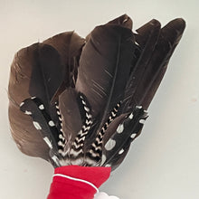 Load image into Gallery viewer, Spirit Feather Fan -  Crow, Downy Woodpecker &amp; Grizzly Rooster Feathers on Obsidian Handle
