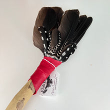 Load image into Gallery viewer, Spirit Feather Fan -  Crow, Downy Woodpecker &amp; Grizzly Rooster Feathers on Obsidian Handle
