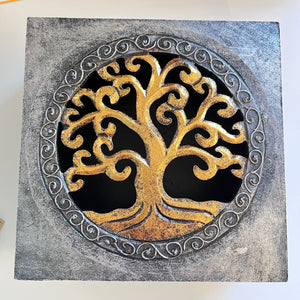 Wood Box Carved Lid - Tree of Life (Silver & Gold)